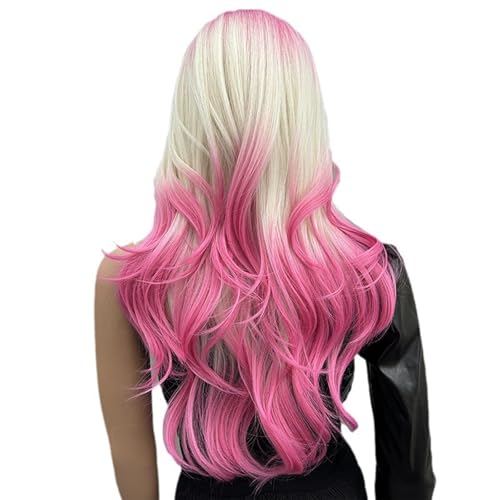 Ombre-Pink-Weiß-Perücken Mit Pony, Lange Lockige Perücken Für Frauen, Hitzebeständige Kunsthaar-Wellenperücken Für Frauen, 28 Zoll Ombre-Pink-Weiß-Perücken Mit Pony, Lange Lockige Perücken Für Frauen, Hitzebeständige Kunsthaar-Wellenperücken Für Frauen, 28 Zoll von UAOGPLK