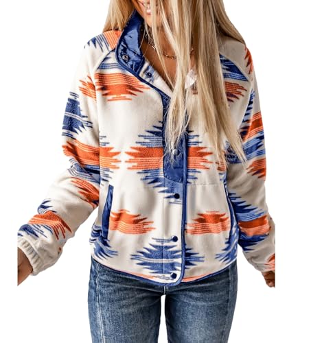 UATKIMI Damen Fleecejacke Aztekenmuster Shacket Langarm Druckknopf Mäntel mit Taschen, Dunkelblau, L von UATKIMI