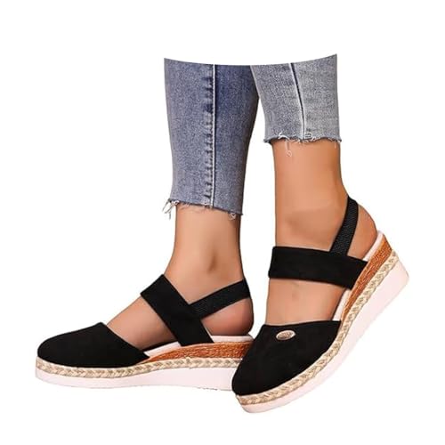 UBALDI Closed Toe Platform Wedge Sandals,Casual Low Wedge Comfy Sandals For Womenwith Adjustable Buckle Ankle Stra (Black,42) von UBALDI