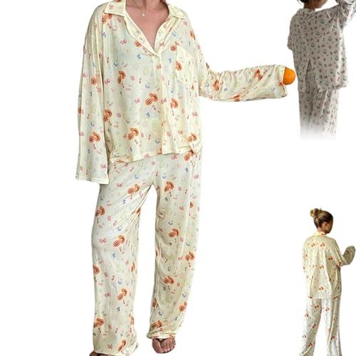 UBALDI Women y2k 2 Piece floral Lounge Set - Floral Print Long Sleeve Button Down Shirts and Pants Lounge Set Sleepwear, 2 Piece Pajama Set for Women Fruit Print Lounge Set-floral Pajamas (M,Yellow) von UBALDI