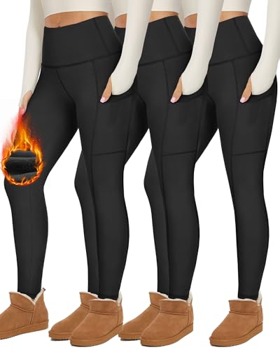 UBCUTE 3er-Pack dicke Fleece-gefütterte Leggings mit Taschen für Frauen – weiche hohe Taille Winter Thermo warme Yogahose für Workout, Schwarz/Schwarz/Schwarz, Groß von UBCUTE