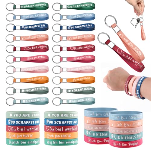 UBERMing 40 Stück Motivationsarmbänder Deutsch, 20 Silikon Armbänder 20.2 cm mit 20 Inspirierende Schlüsselanhänger Dankeschön Geschenk Abschiedsgeschenk Mitgebsel für Schüler Kollegen Lehrer von UBERMing