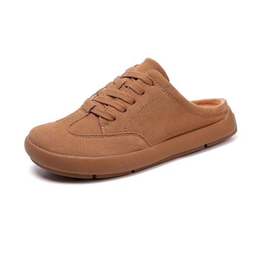 UBFEN Damen Hausschuhe Warme Mules Slippers Weiche Flache Plüsch Slip on Spitze auf Pantoffeln Rutschfeste Outdoor Indoor Braun 40 EU von UBFEN