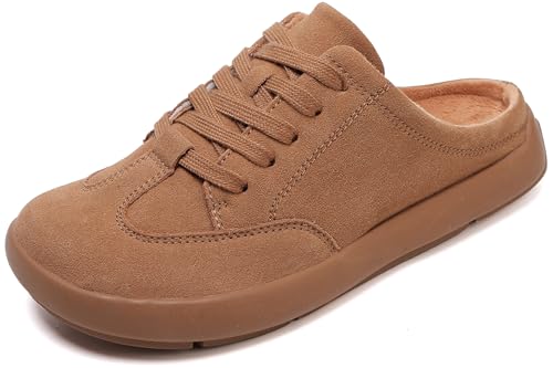 UBFEN Damen Hausschuhe Warme Mules Slippers Weiche Flache Plüsch Slip on Spitze auf Pantoffeln Rutschfeste Outdoor Indoor Braun 41 EU von UBFEN