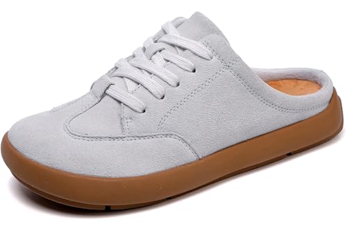 UBFEN Damen Hausschuhe Warme Mules Slippers Weiche Flache Plüsch Slip on Spitze auf Pantoffeln Rutschfeste Outdoor Indoor Grau 39 EU von UBFEN