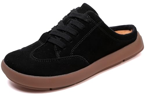 UBFEN Damen Hausschuhe Warme Mules Slippers Weiche Flache Plüsch Slip on Spitze auf Pantoffeln Rutschfeste Outdoor Indoor Schwarz 40 EU von UBFEN