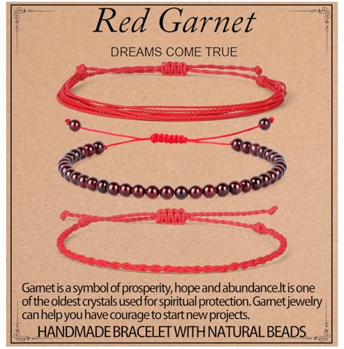 UBJSFASASND Heil-Armbänder, 4 mm, natürlicher roter Granat, Perlen, Armband für Männer und Frauen, Geschenke mit 2 verstellbaren Seilarmbändern von UBJSFASASND