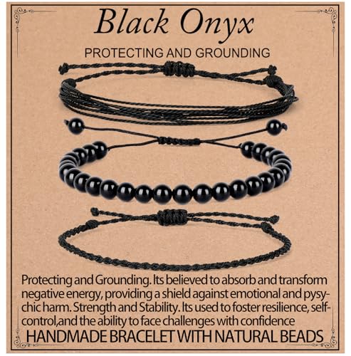 UBJSFASASND Heil-Armbänder, 6 mm, natürlicher schwarzer Onyx, Edelstein-Perlen, Armband für Männer und Frauen, Geschenke mit 2 verstellbaren Seil-Armbändern von UBJSFASASND