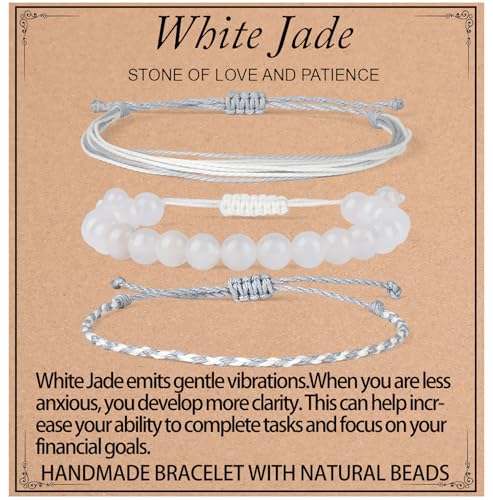 UBJSFASASND Heil-Armbänder, 8 mm, natürliche weiße Jade-Edelstein-Perlen, Armband für Männer und Frauen, Geschenke mit 2 verstellbaren Seil-Armbändern von UBJSFASASND