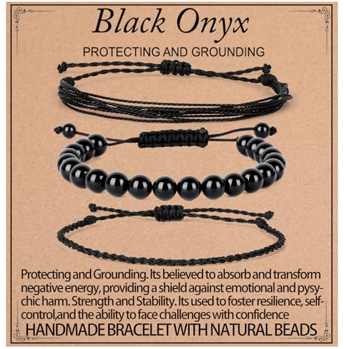 UBJSFASASND Heil-Armbänder, 8 mm, natürlicher schwarzer Onyx, Edelstein-Perlen, Armband für Männer und Frauen, Geschenke mit 2 verstellbaren Seil-Armbändern von UBJSFASASND