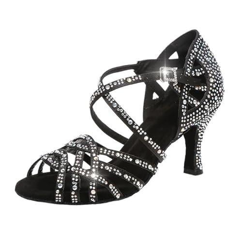 Frauen Latin Dance Schuhe Weibliche Mädchen Salsa Sandale Strass Damen Ballsaal Tango Party Ferse Für Party(Black,10CM_43 (26.5CM)) von UBOHUZ