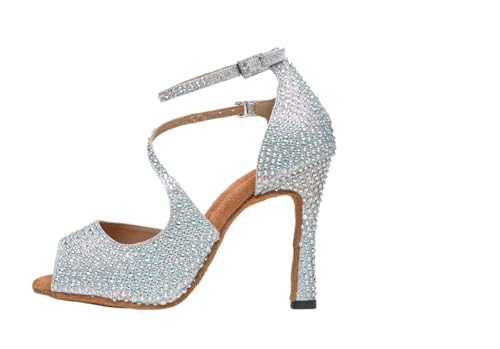 Latein-Tanzschuhe, Funkelnde Strasssteine, weiche Sohle, professionelle Square-Tanzschuhe, Cha-Cha, Salsa, Rumba Für Party(Silver Heel 6cm,4) von UBOHUZ