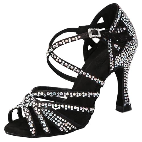 Lateinische Tanzschuhe for Damen, Seide, Satin, glänzender Strassstein, kubanische High Heels, Salsa-Tanzschuhe, lateinamerikanische for Frauen Für Party(Black Heel 6CM,6) von UBOHUZ