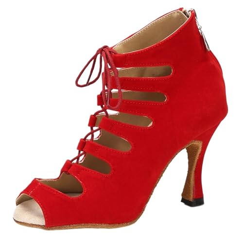 Latin Dance Schuhe Frauen Tango Salsa Rumba Ballsaal Satin Tanz Stiefel Pole Damen High Heels Für Party(Red Heel 8.5CM,9) von UBOHUZ