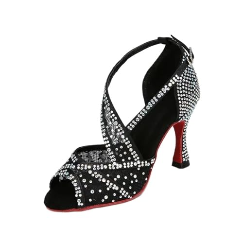 Mesh Atmungsaktive Latein-Tanzschuhe High Heel Diamant Sandalen Indoor Soft Bottom Jazz Tango Für Party(Black,Heel 6CM_41) von UBOHUZ