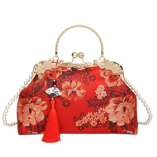 UBOHUZ Bestickte Schultertaschen mit Druckknopf for Damen, Handtasche for Hochzeit, elegante Perlen Für Damen(Red) von UBOHUZ