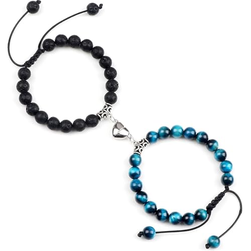 UBOHUZ Distanzarmbänder 2 Stück/Set Steinperlen geflochtenes Armband Liebhaber Herz Magnet verstellbarer Armreif Freund Schmuck Für Frauen(Lava-Blue Tiger Eye) von UBOHUZ