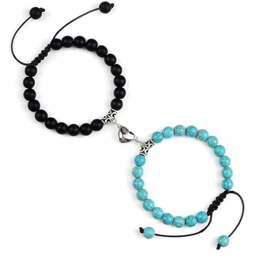 UBOHUZ Distanzarmbänder 2 Stück/Set Steinperlen geflochtenes Armband Liebhaber Herz Magnet verstellbarer Armreif Freund Schmuck Für Frauen(Matte-Blue) von UBOHUZ