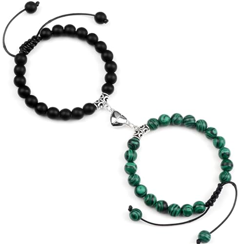 UBOHUZ Distanzarmbänder 2 Stück/Set Steinperlen geflochtenes Armband Liebhaber Herz Magnet verstellbarer Armreif Freund Schmuck Für Frauen(Matte-Malachite) von UBOHUZ