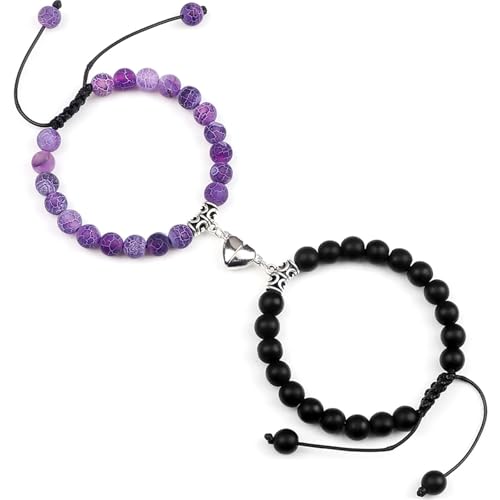 UBOHUZ Distanzarmbänder 2 Stück/Set Steinperlen geflochtenes Armband Liebhaber Herz Magnet verstellbarer Armreif Freund Schmuck Für Frauen(Matte-Purple) von UBOHUZ