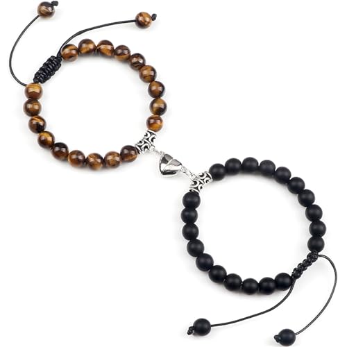 UBOHUZ Distanzarmbänder 2 Stück/Set Steinperlen geflochtenes Armband Liebhaber Herz Magnet verstellbarer Armreif Freund Schmuck Für Frauen(Matte-Tiger Eye) von UBOHUZ