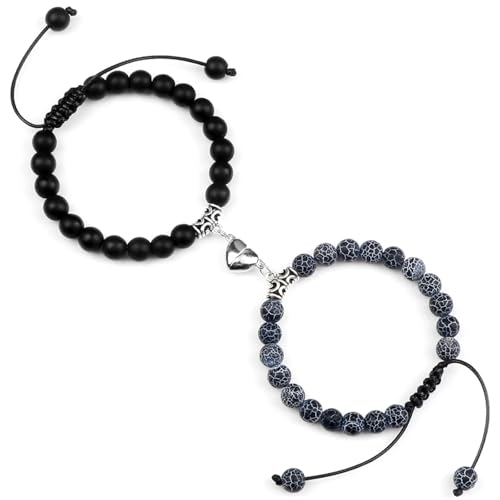 UBOHUZ Distanzarmbänder 2 Stück/Set Steinperlen geflochtenes Armband Liebhaber Herz Magnet verstellbarer Armreif Freund Schmuck Für Frauen(Matte-Weathered) von UBOHUZ