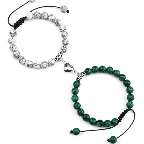 UBOHUZ Distanzarmbänder 2 Stück/Set Steinperlen geflochtenes Armband Liebhaber Herz Magnet verstellbarer Armreif Freund Schmuck Für Frauen(White-Malachite) von UBOHUZ