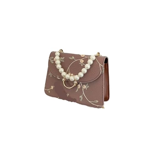 UBOHUZ PU Umhängetasche for Frauen Blumenstickerei Schultertaschen Perlenkette Handtaschen for Party Für Damen(Brown) von UBOHUZ