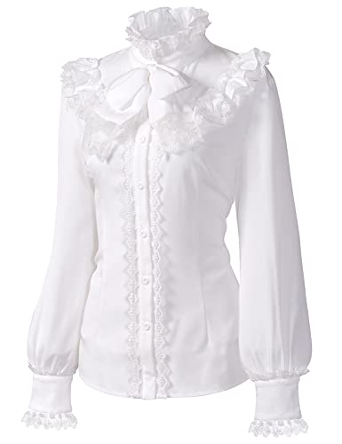 UBOOCSR Damen Elegant Vintage Mittelalter Lotus Hemd Langarm Steampunk Viktorianische Bluse Rüschen Spitze Stand Up Tops, Weiß, X-Groß von UBOOCSR