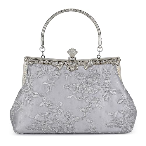 UBORSE 1920er Jahre Vintage Geldbörse Stickerei Spitze Floral Clutch Geldbörse für Frauen formelle Abendtasche Handtasche Hochzeit Tasche, silber von UBORSE