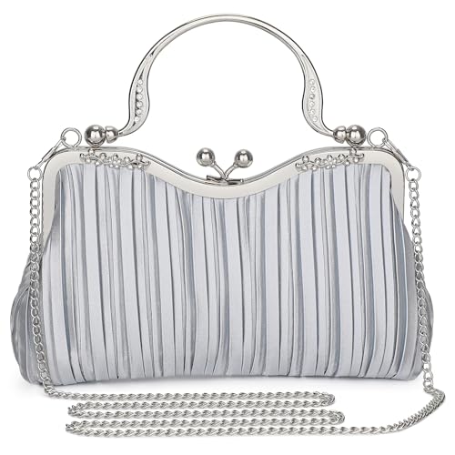 UBORSE 1920er Jahre Vintage Satin Clutch Abendtasche für Frauen formelle Braut Hochzeit Clutch Geldbörse Abschlussball Cocktail Party Handtasche, silber von UBORSE