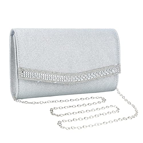 UBORSE Abendtasche Damen Clutch Strass Glitzer Glänzend mit Kette Mode Kleine Umhängetasche Envelope Tasche Unterarmtasche Für Hochzeit Cocktail Party Prom Geburtstag Bankett (Silber) von UBORSE