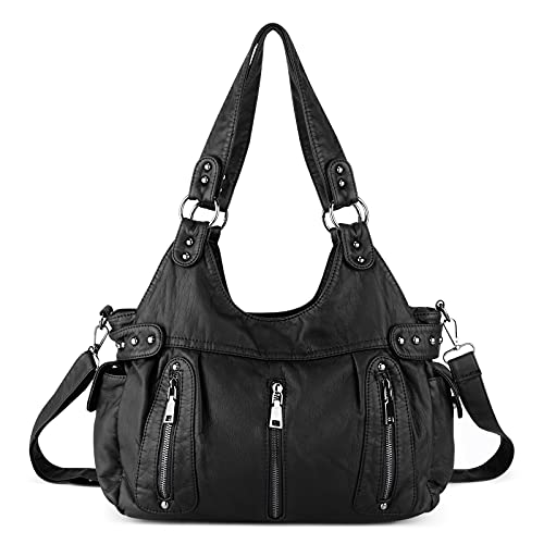 UBORSE Handtaschen Leder Damen Ledertasche Vintage Umhängetasche Weich Used Look Hobo-Taschen Retro Tragetasche Tote Henkeltasche für Schule Party Reisen Arbeiten,Schwarz von UBORSE