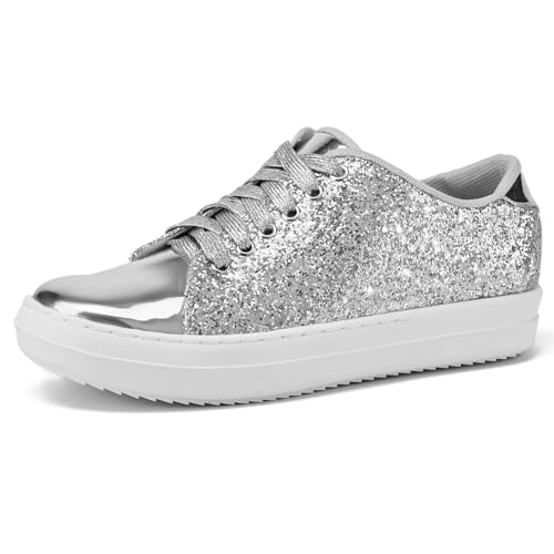 UBWDU Funkelnde Strass Damen Glitzer Sneakers - Glänzende Pailletten Braut Freizeit Walk Schuhe für Fashionistas, silber, 40 EU von UBWDU