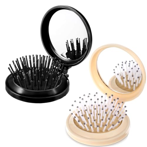 UCLEVER 2 Stück Faltbare Haarbürsten mit Reise Spiegel Runde Tragbare Tasche Haarbürste Mini Haarkamm Kompakt Reisegröße Haarmassagekamm für Frauen (schwarz & braun) von UCLEVER