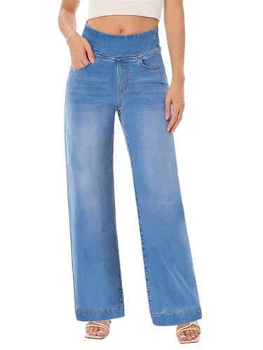 UCOOLYN Baggy Jeans Damen, Wide Leg Jeanshose Pull On High Waist Straight Damen Jean Weites Bein Damenjeans Gerades Loose Fit Hoch Taillierte Trendige Denim-Hose,Mittelblau von UCOOLYN