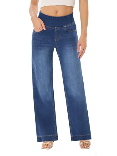 UCOOLYN Baggy Jeans Damen, Wide Leg Jeanshose Pull On High Waist Straight Damen Jean Weites Bein Damenjeans Gerades Loose Fit Hoch Taillierte Trendige Denim-Hose Denim Pants,Dunkelblau von UCOOLYN