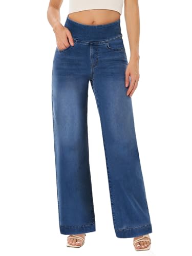 UCOOLYN Baggy Jeans Damen, Wide Leg Jeanshose Pull On High Waist Straight Damen Jean Weites Bein Damenjeans Gerades Loose Fit Hoch Taillierte Trendige Denim-Hose Denim Pants,Dunkelblau von UCOOLYN