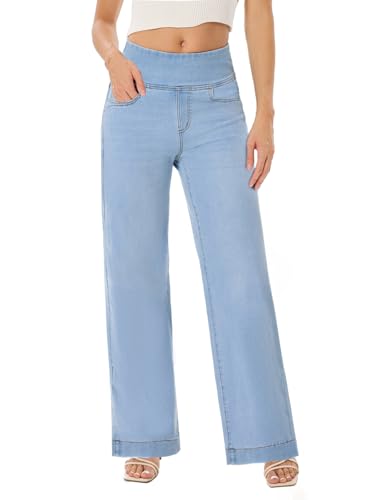 UCOOLYN Jeans Damen Weites Bein, Baggy Wide Leg Jeanshose Pull On High Waist Straight Damenjeans Gerades Loose Fit Hoch Taillierte Trendige Denim-Hose Pants,Hellblau von UCOOLYN