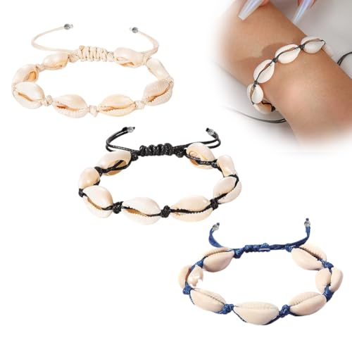 UEAVOID 3 Stück Muschelkette Muschel Armband Fußkette Natürliche Kaurimuschel für Damen Mädchen (Schwarz Weiß Blau) von UEAVOID