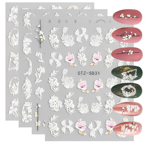 UEAVOID 4 Blatt 3D Nagelsticker,Frühling Blume,5D Stereoskopisch,Selbstklebend,Nail Art Sticker,Dekoration,Nageldesign Zubehör von UEAVOID