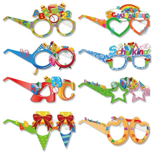 UEAVOID 8 Stück Einschulung Deko 2024 Schulkind Brille Schuleinführung Tischdeko Geschenke Mädchen Junge Partybrillen Buchstaben Brille Set Einschulungsdeko Papier Partybrille für Kinder Party von UEAVOID