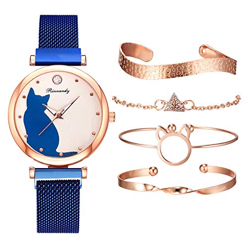 5 Stück/Set Mode Daman Armbanduhr mit 4 Armband Set Strass Kristall Armband Katze Deko Quarz Analog Uhr für Mädchen Freunde Schmuck (Blau) von UEB