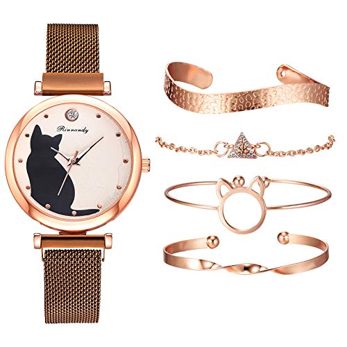 5 Stück/Set Mode Daman Armbanduhr mit 4 Armband Set Strass Kristall Armband Katze Deko Quarz Analog Uhr für Mädchen Freunde Schmuck (Braun) von UEB