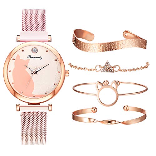 5 Stück/Set Mode Daman Armbanduhr mit 4 Armband Set Strass Kristall Armband Katze Deko Quarz Analog Uhr für Mädchen Freunde Schmuck (Rosa) von UEB