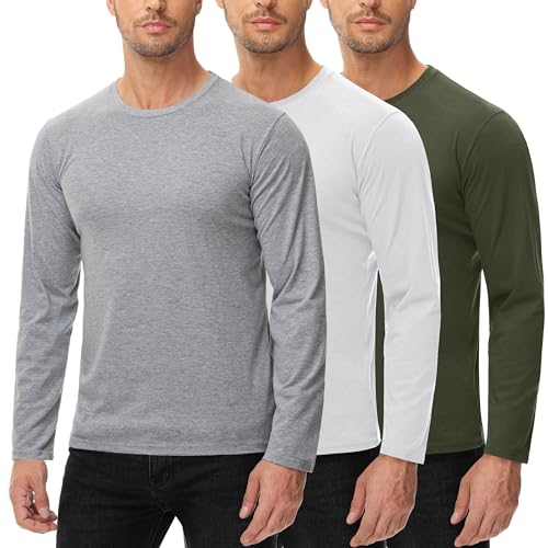 Langarmshirt Für Herren 100% Baumwolle 3 Pack T Shirt Rundhalsausschnitt Basic Maschenware Cotton Langarm Shirt Longsleeve Männer Grün Grau Weiß 3XL von UEEKO