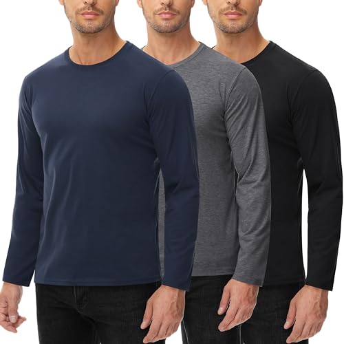 Langarmshirt Für Herren 100% Baumwolle 3 Pack T Shirt Rundhalsausschnitt Basic Maschenware Cotton Langarm Shirt Longsleeve Männer Schwarz Grau Blau XXL von UEEKO