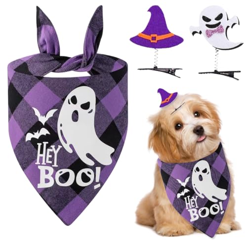 UEIOAVL Bandanas for Dogs, 1 Stück Halloween-Hundehalstuch + 2 Stück Halloween-Haarspangen Verstellbares dreieckiges Hundehalstuch Halloween-Lätzchen mit Geistermuster (lila) von UEIOAVL