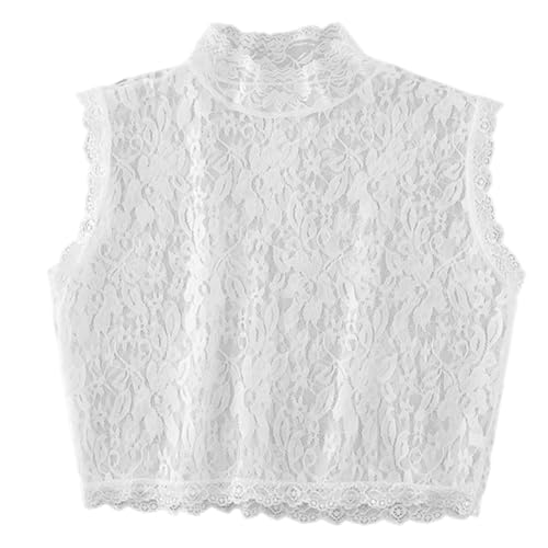 UEIOAVL Blusen & Tuniken für Damen, 1 x transparentes Spitzen-T-Shirt abnehmbarer Kragen ärmellos Stehkragen Damen hohle Spitze Unterhemd kurzer Stil (weiß) von UEIOAVL