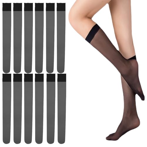 UEIOAVL Damen-Kniestrümpfe, 6 Paar transparente Kniestrümpfe bequemes Band einfarbig, für Schulröcke einfache Mädchenkleider Party-Accessoires transparente Wadensocken (schwarz) von UEIOAVL